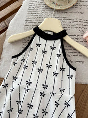 Girls Bow Print Halter Neck Flared A-Line Dress - Ivory