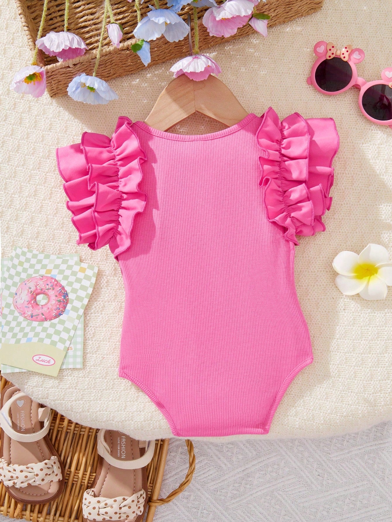 Baby Girls Tiered Ruffle Sleeve Ribbed Bodysuit - Fuchsia