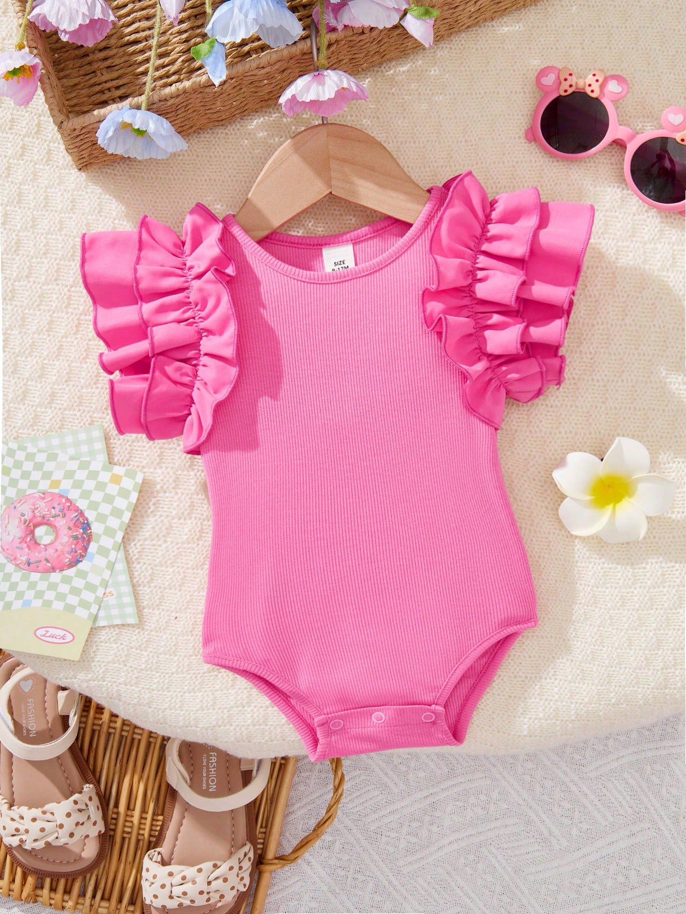 Baby Girls Tiered Ruffle Sleeve Ribbed Bodysuit - Fuchsia