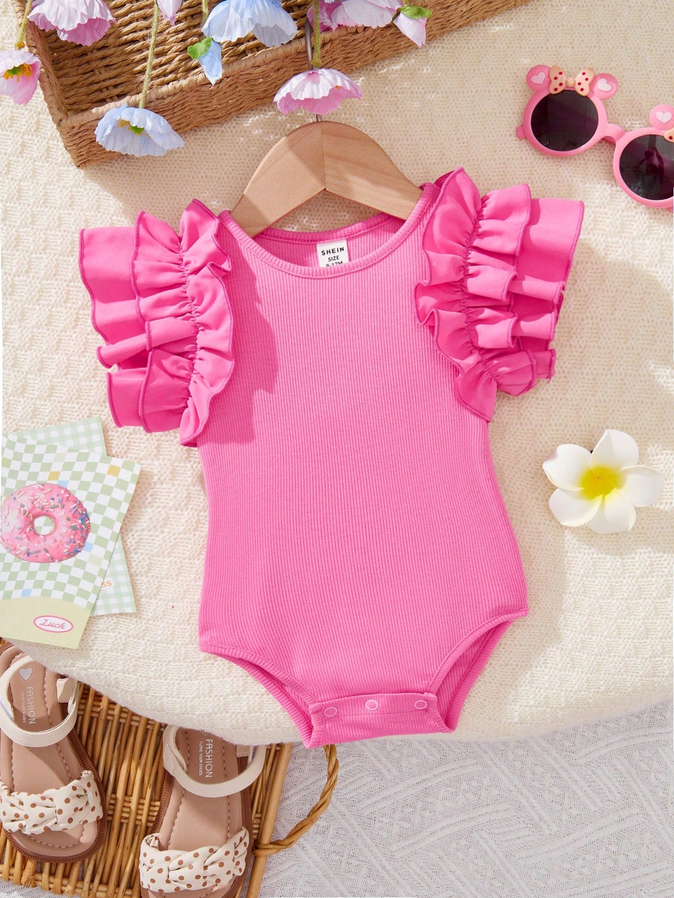 Baby Girls Tiered Ruffle Sleeve Ribbed Bodysuit - Fuchsia