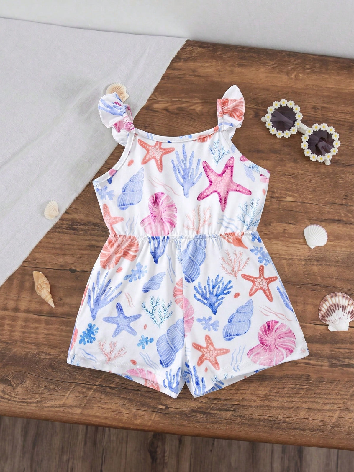 Baby Girls Ocean Print Ruffle Strap Romper - Ivory