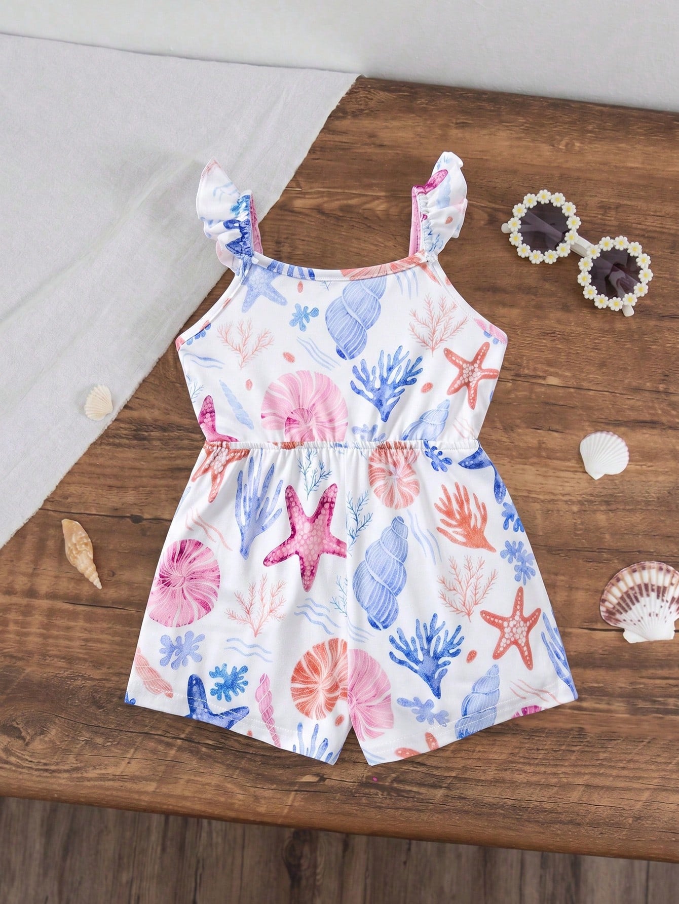 Baby Girls Ocean Print Ruffle Strap Romper - Ivory