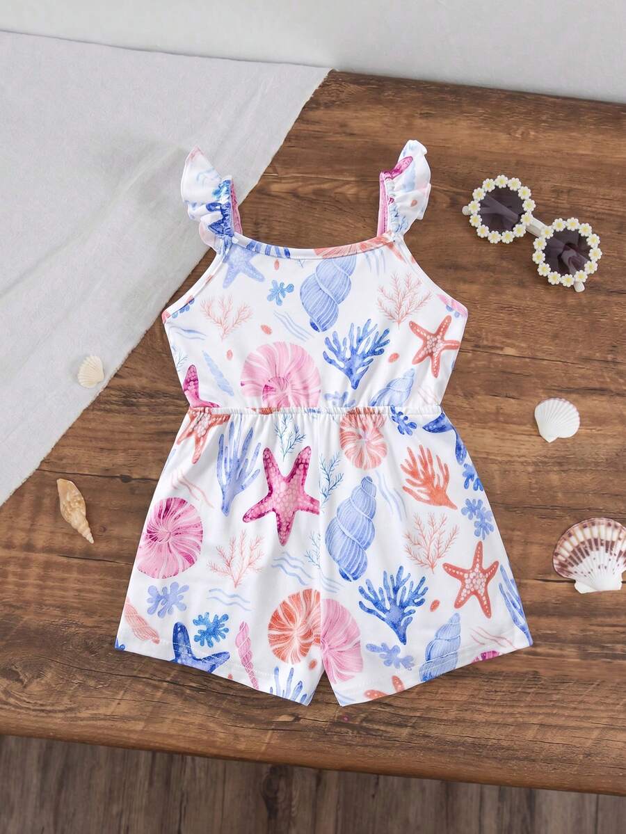 Baby Girls Ocean Print Ruffle Strap Romper - Ivory