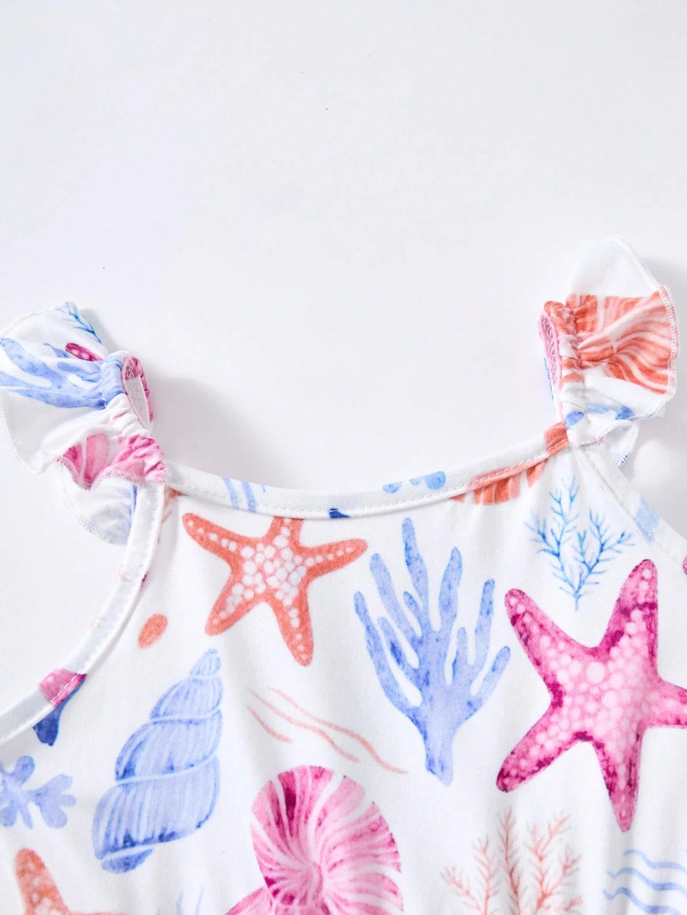 Baby Girls Ocean Print Ruffle Strap Romper - Ivory