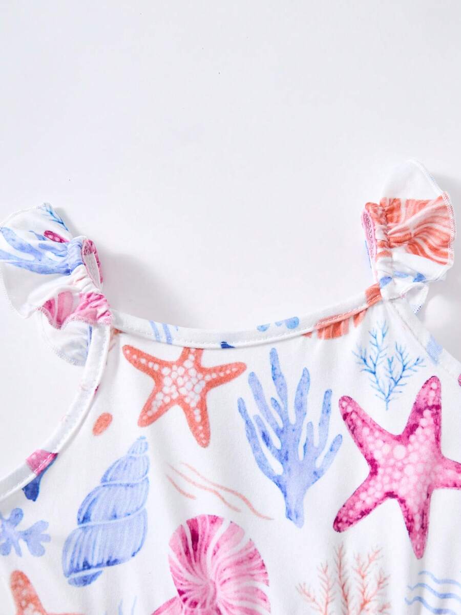 Baby Girls Ocean Print Ruffle Strap Romper - Ivory