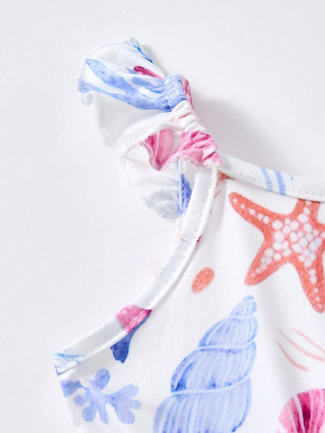 Baby Girls Ocean Print Ruffle Strap Romper - Ivory