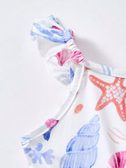 Baby Girls Ocean Print Ruffle Strap Romper - Ivory