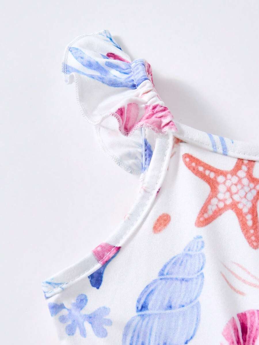 Baby Girls Ocean Print Ruffle Strap Romper - Ivory
