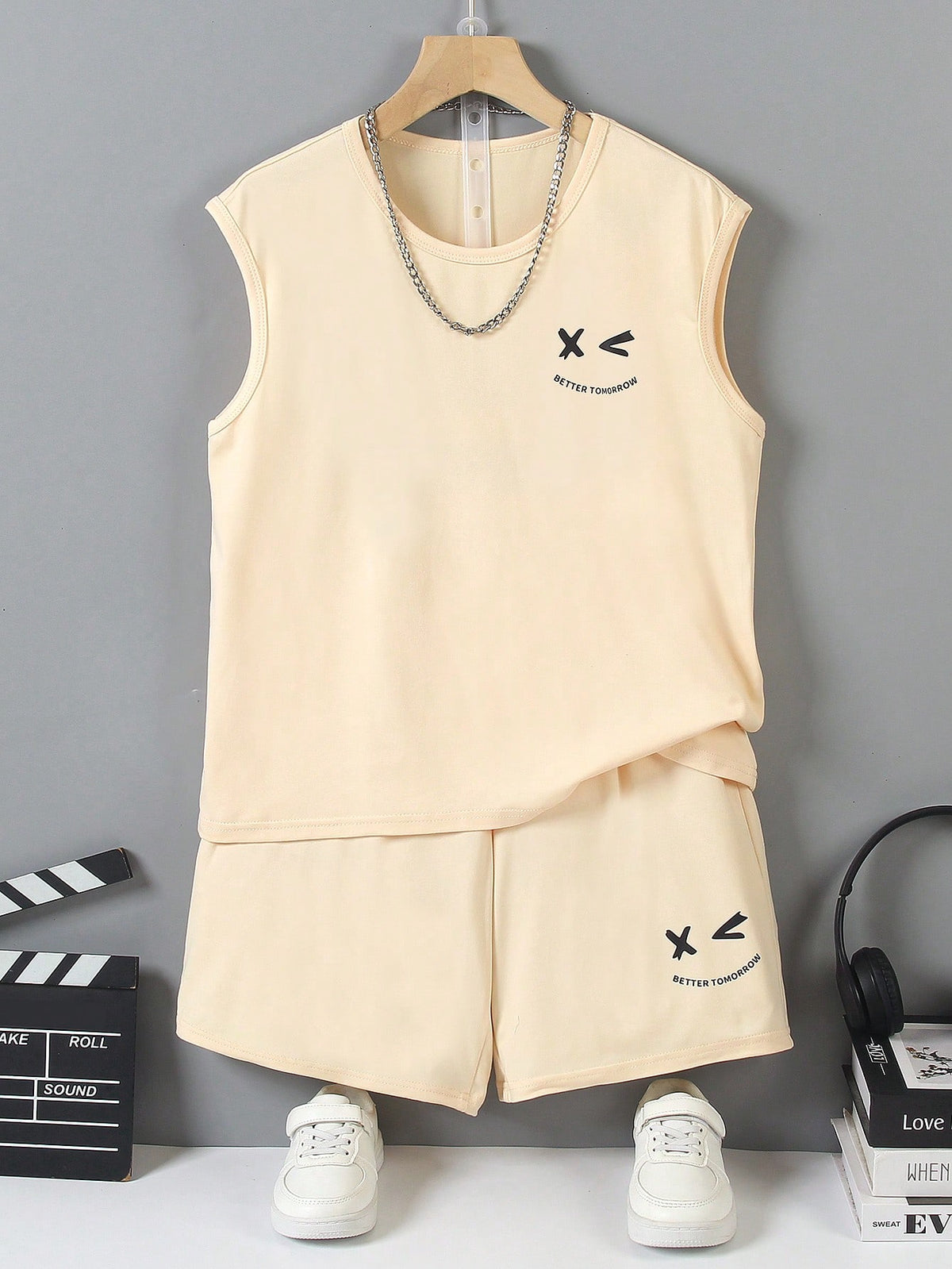 2pcs Big Boys Graphic Tank Top & Shorts Set - Buff | 21 Century Kids