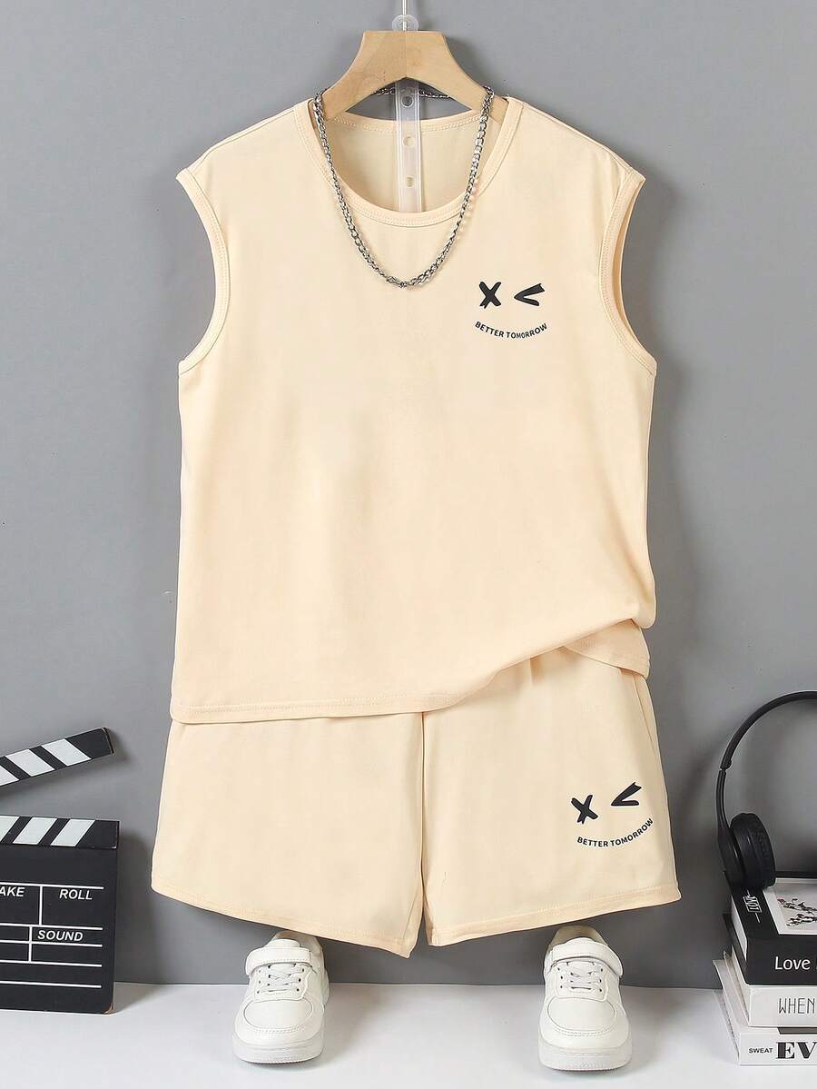 2pcs Big Boys Graphic Tank Top & Shorts Set - Buff | 21 Century Kids