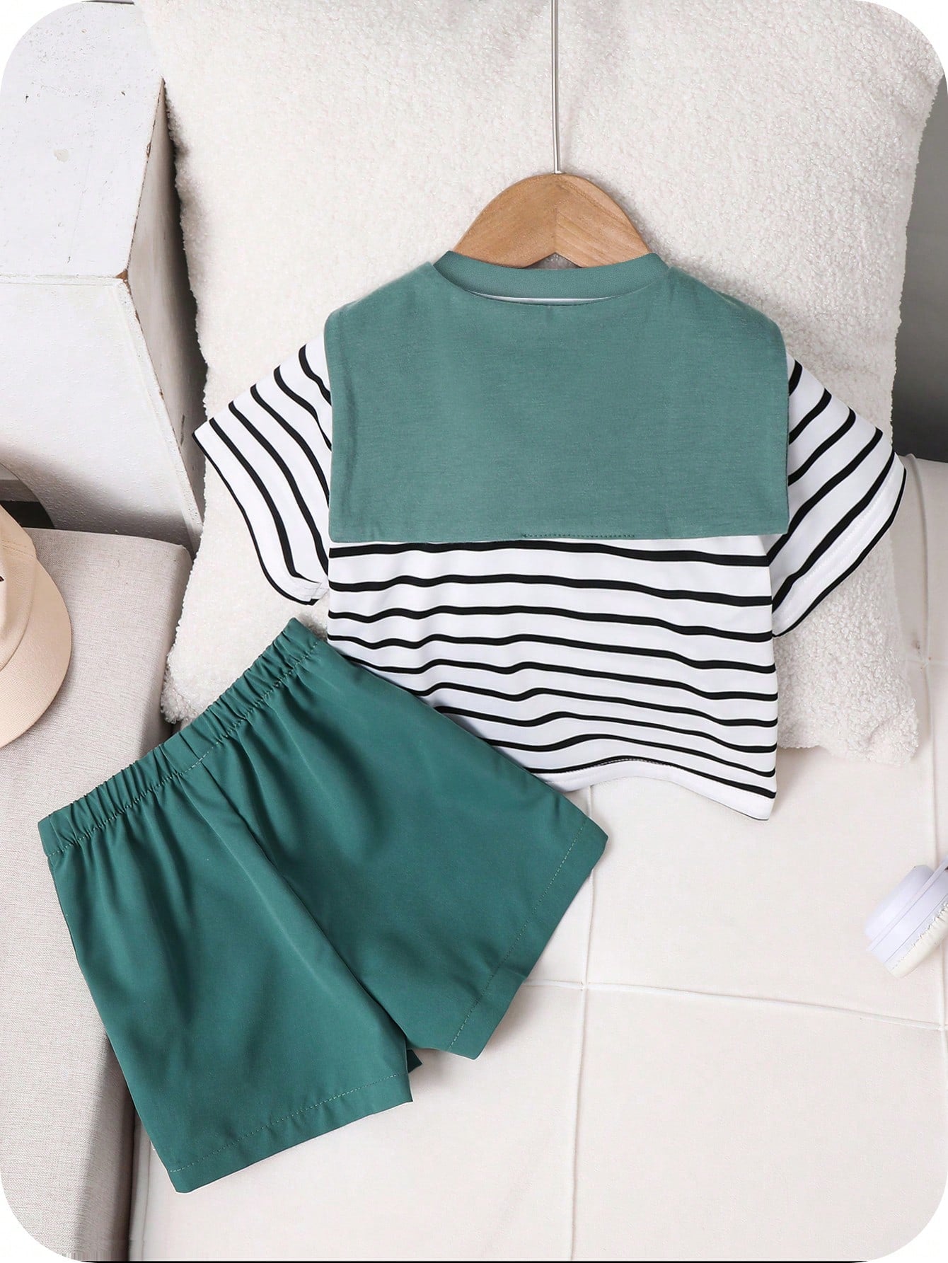 3pcs Unisex Stripe Sailor Collar Tee & Shorts Set - Isabelline | 21...