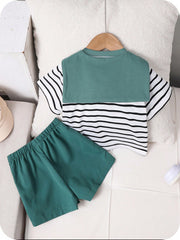 3pcs Unisex Stripe Sailor Collar Tee & Shorts Set - Isabelline | 21...