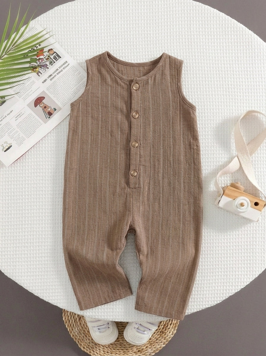 Boys Striped Linen-Blend Sleeveless Jumpsuit - Wenge