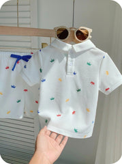 2pcs Boys Crown Print Polo Shirt & Shorts Set - Ivory