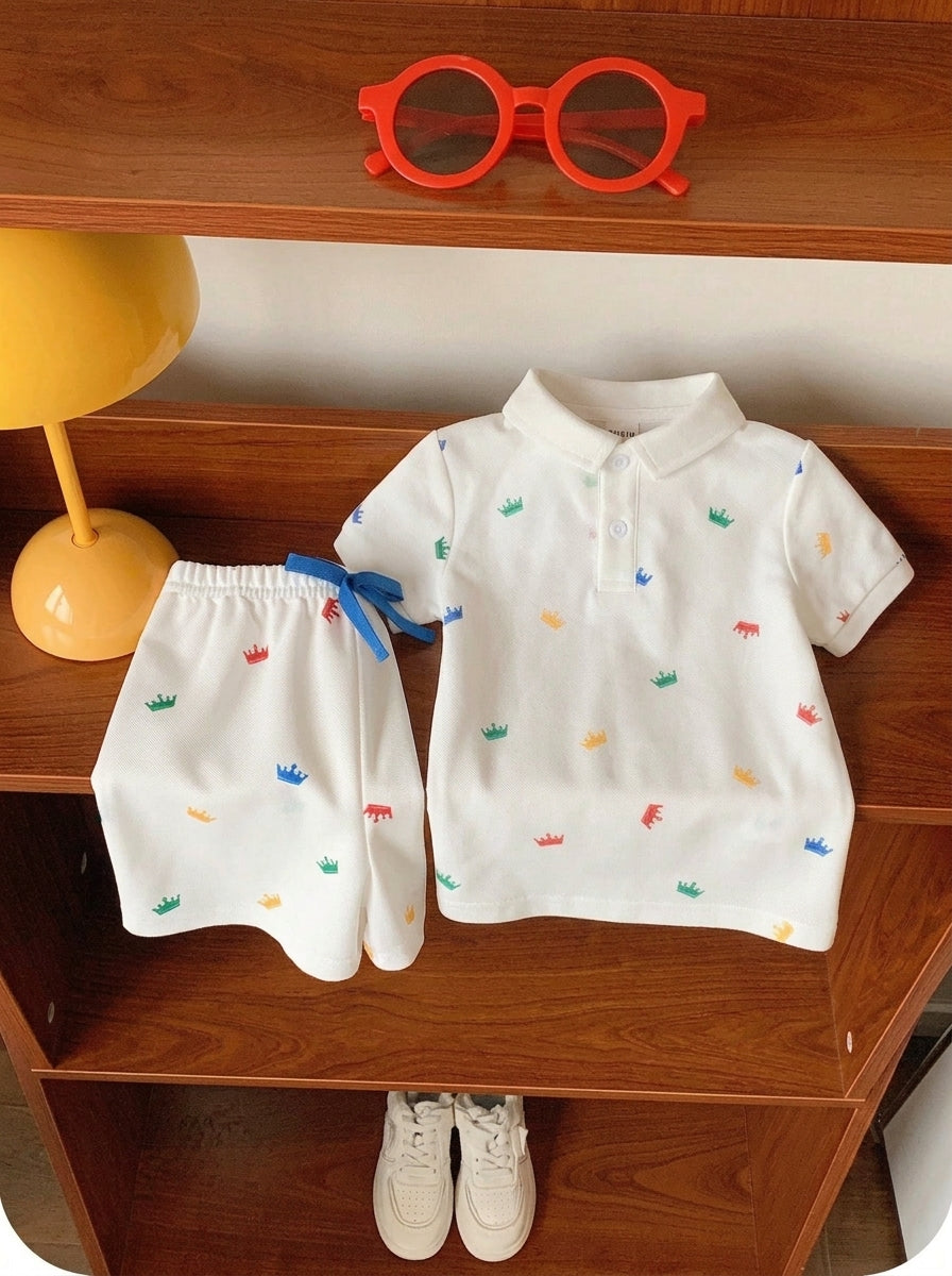 2pcs Boys Crown Print Polo Shirt & Shorts Set - Ivory