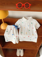 2pcs Boys Crown Print Polo Shirt & Shorts Set - Ivory