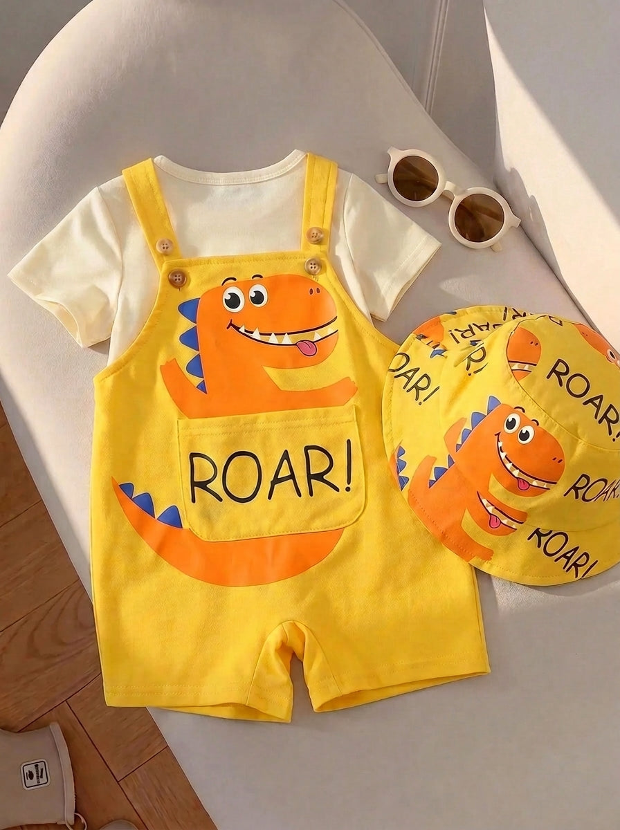 2pcs Unisex Dinosaur Print Tee & Short Dungaree Set - Buttercup