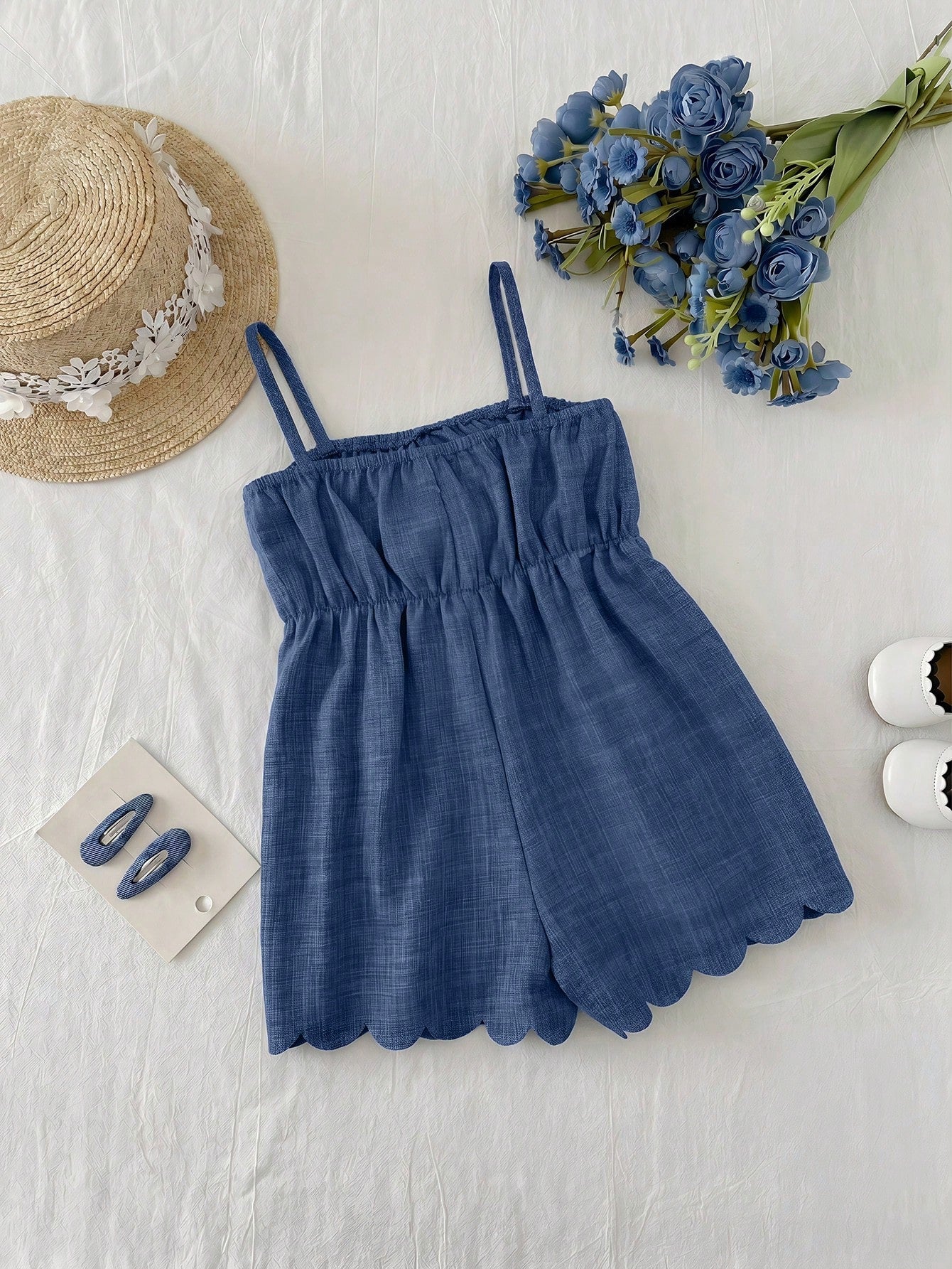 Girls Bow Front Spaghetti Strap Scallop Romper - Slate | 21 Century...
