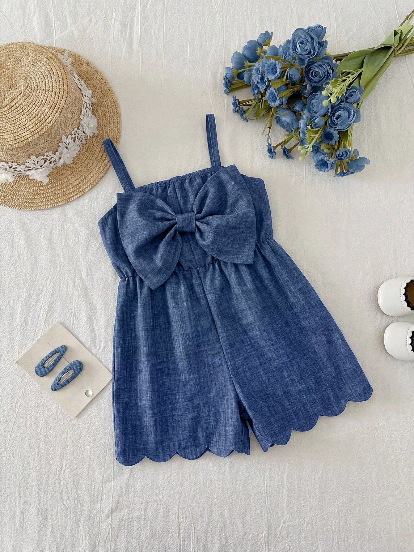 Girls Bow Front Spaghetti Strap Scallop Romper - Slate | 21 Century...