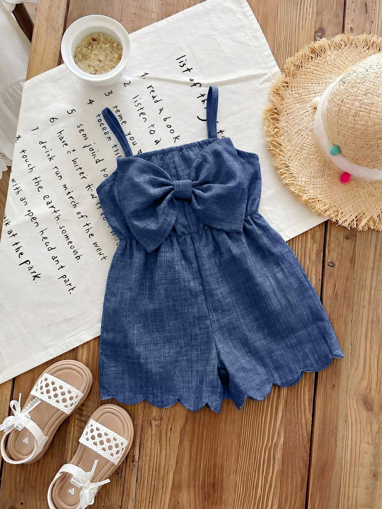 Girls Bow Front Spaghetti Strap Scallop Romper - Slate | 21 Century...