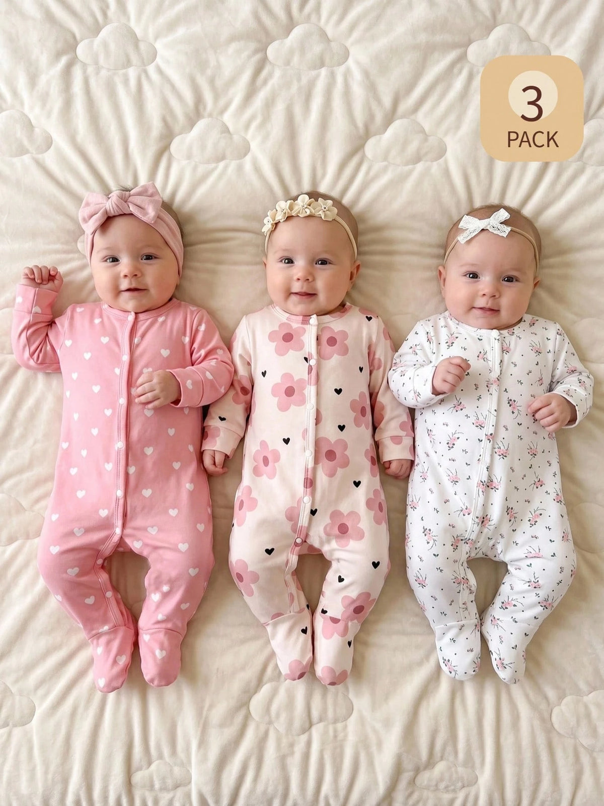 3pcs Baby Girls Floral & Heart Print Footed Sleepsuit Set - Blush |...