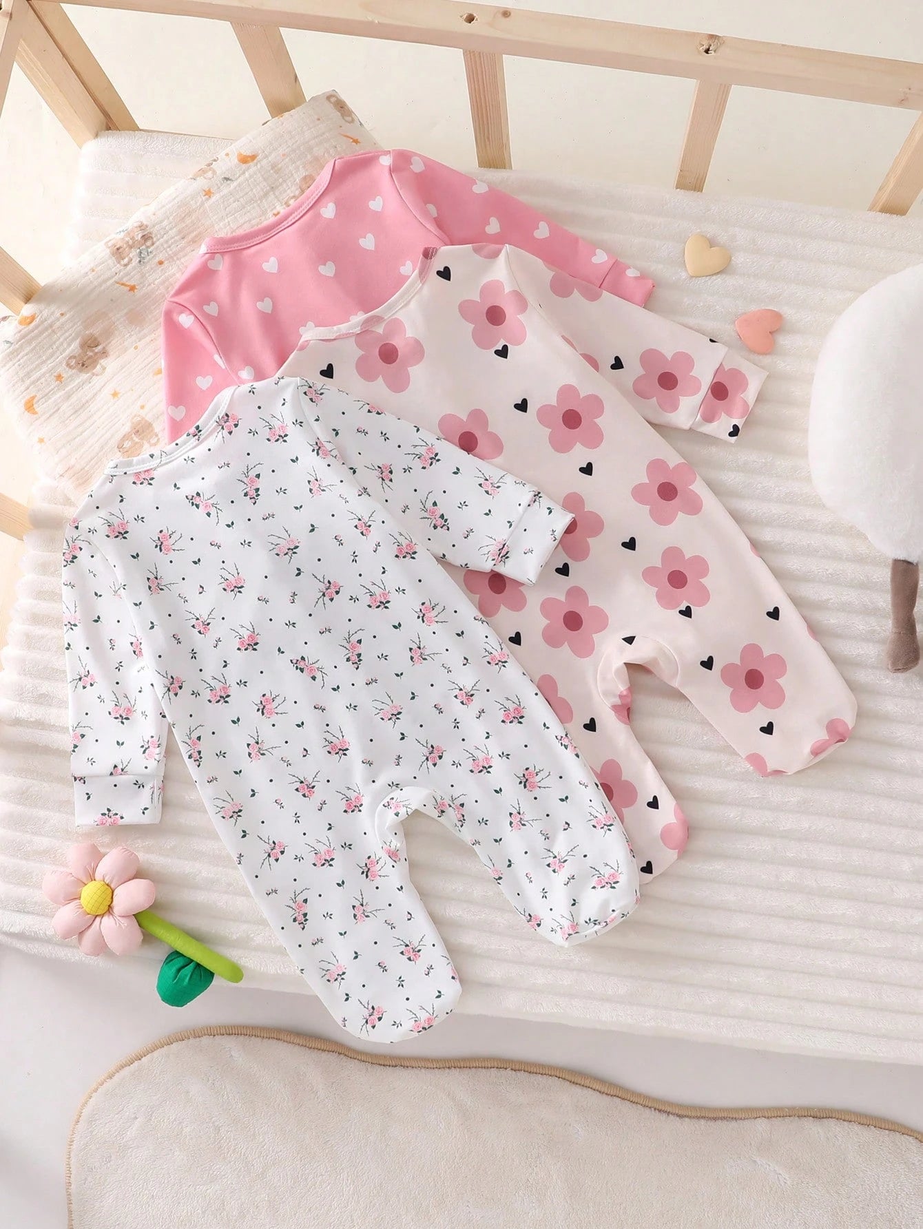 3pcs Baby Girls Floral & Heart Print Footed Sleepsuit Set - Blush |...