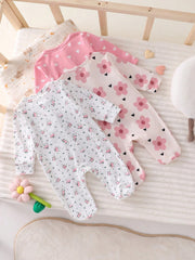 3pcs Baby Girls Floral & Heart Print Footed Sleepsuit Set - Blush |...