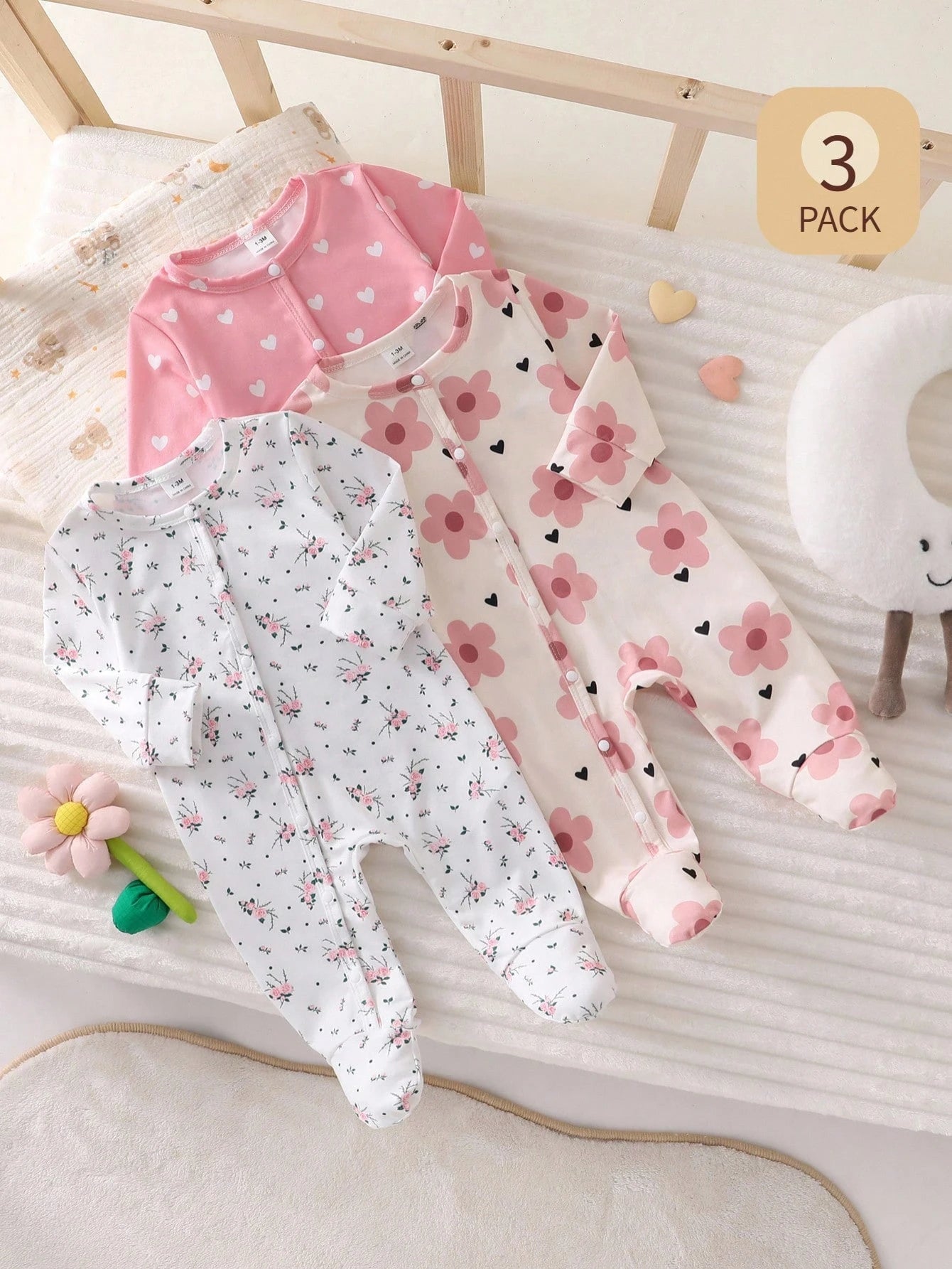 3pcs Baby Girls Floral & Heart Print Footed Sleepsuit Set - Blush |...