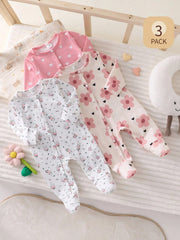 3pcs Baby Girls Floral & Heart Print Footed Sleepsuit Set - Blush |...