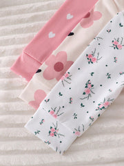 3pcs Baby Girls Floral & Heart Print Footed Sleepsuit Set - Blush |...