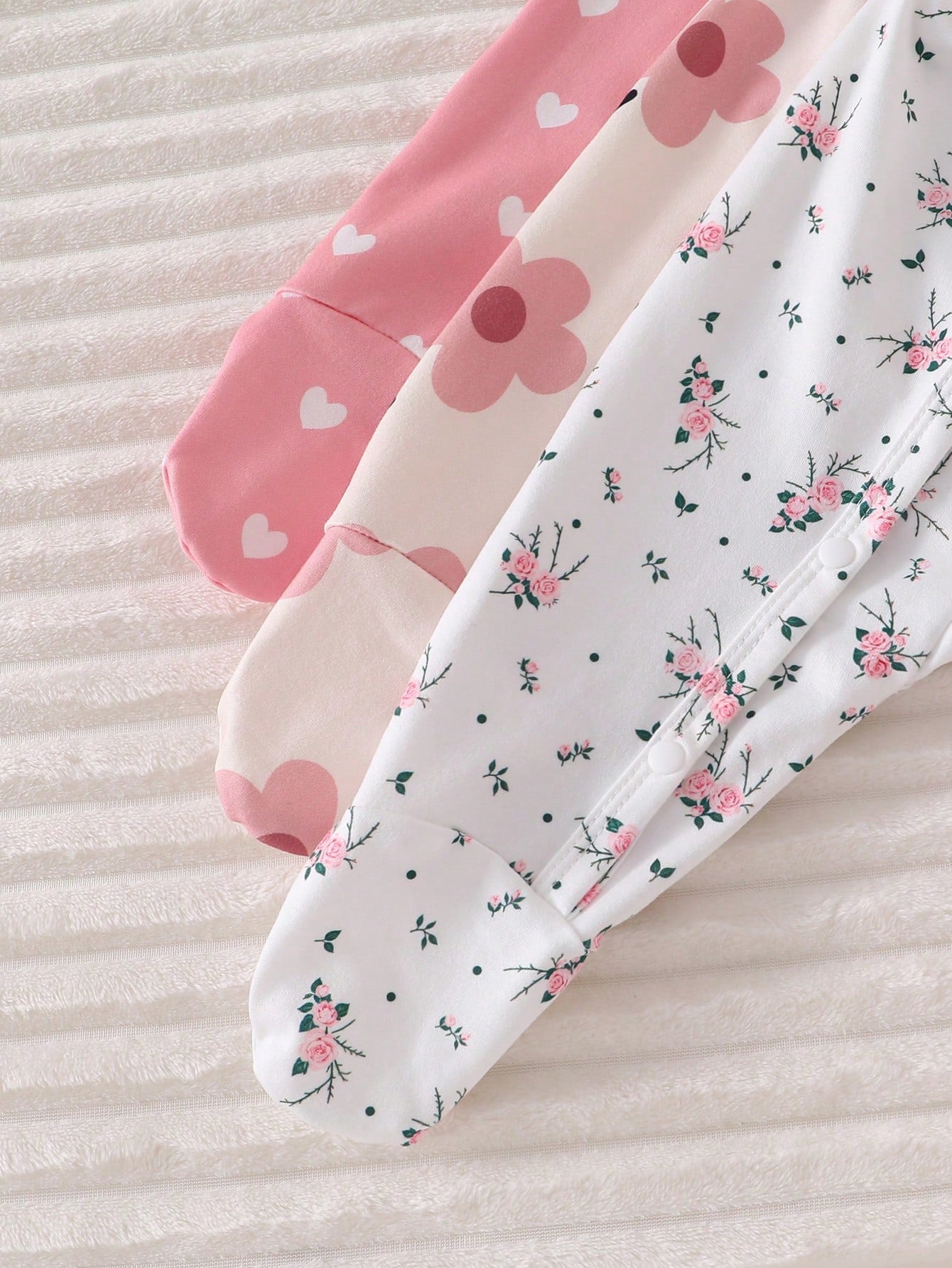 3pcs Baby Girls Floral & Heart Print Footed Sleepsuit Set - Blush |...