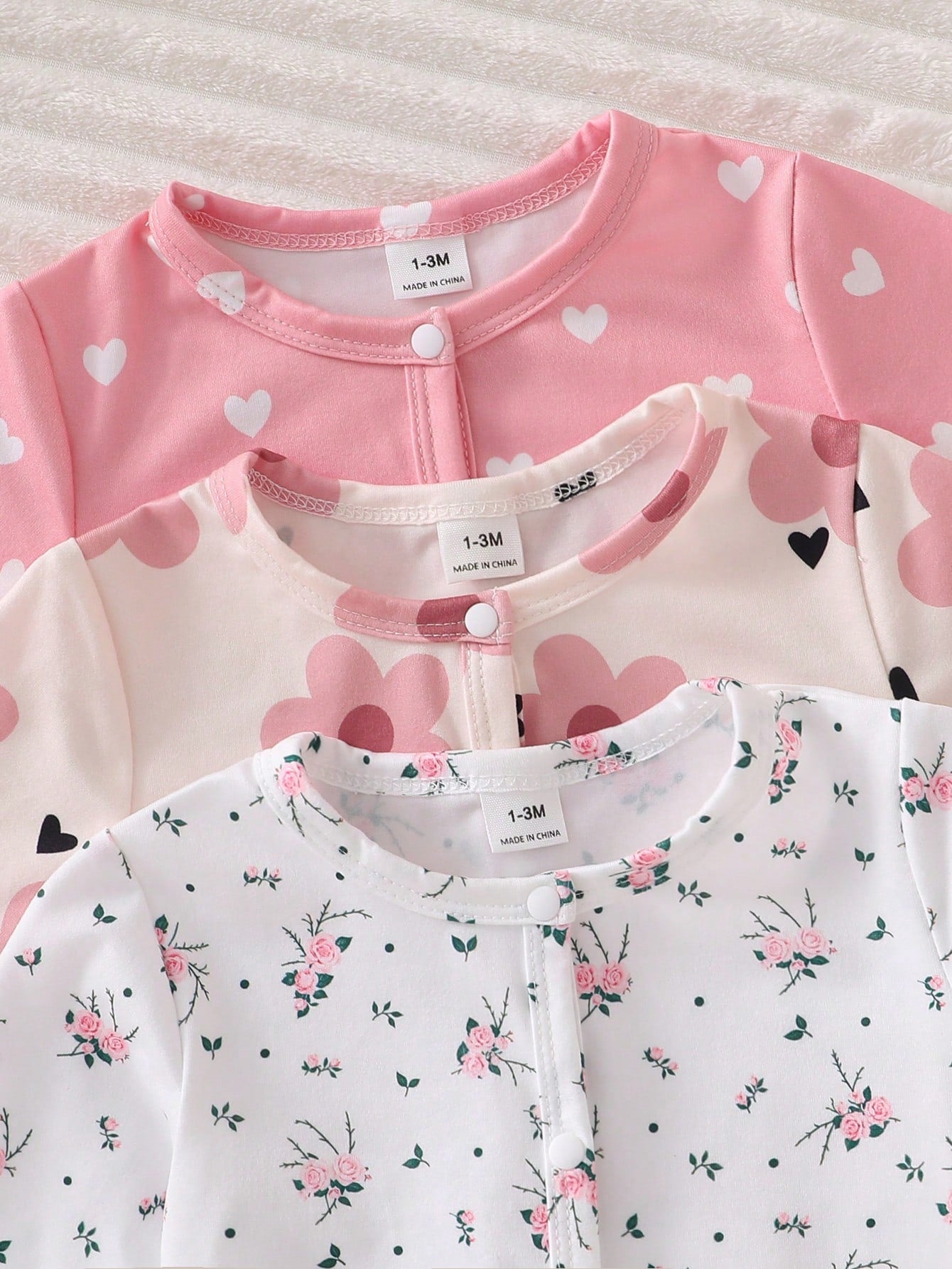 3pcs Baby Girls Floral & Heart Print Footed Sleepsuit Set - Blush |...