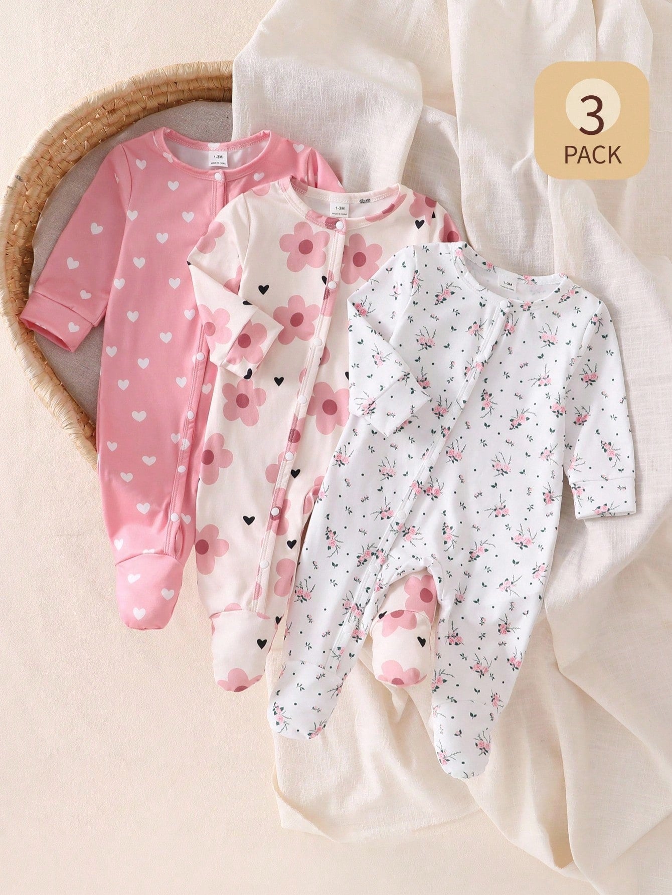 3pcs Baby Girls Floral & Heart Print Footed Sleepsuit Set - Blush |...