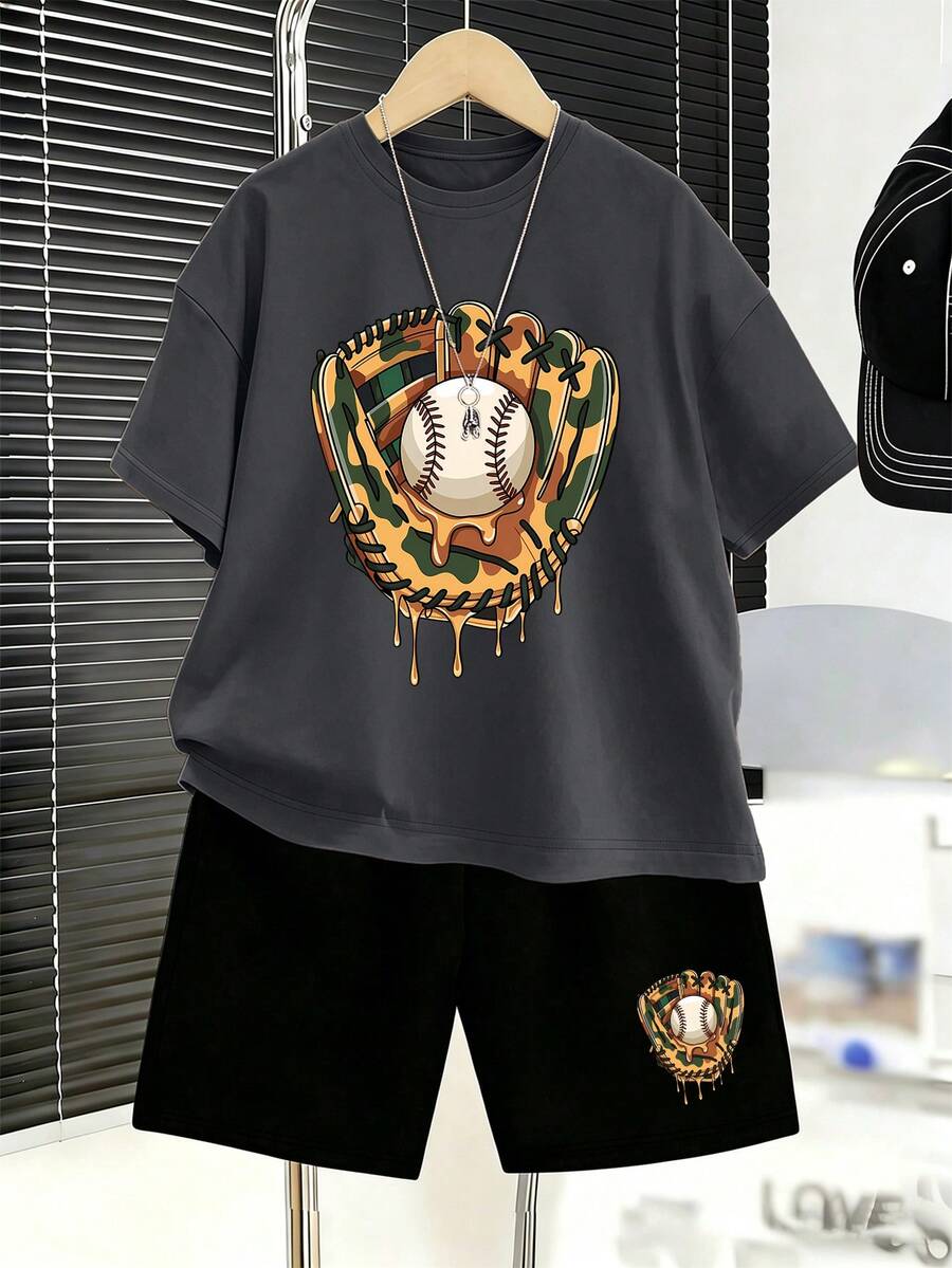 2pcs Boys Camo Baseball Graphic Tee & Shorts Set - Graphite | 21 Ce...