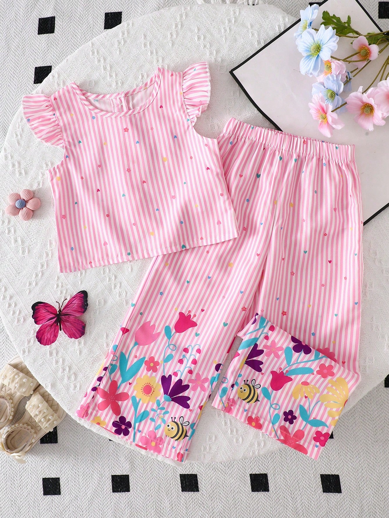 2pcs Little Girls Striped Ruffle Flutter Top & Wide-Leg Pants Set -...