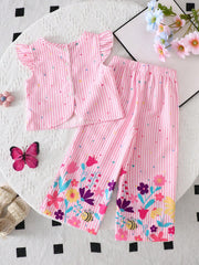 2pcs Little Girls Striped Ruffle Flutter Top & Wide-Leg Pants Set -...