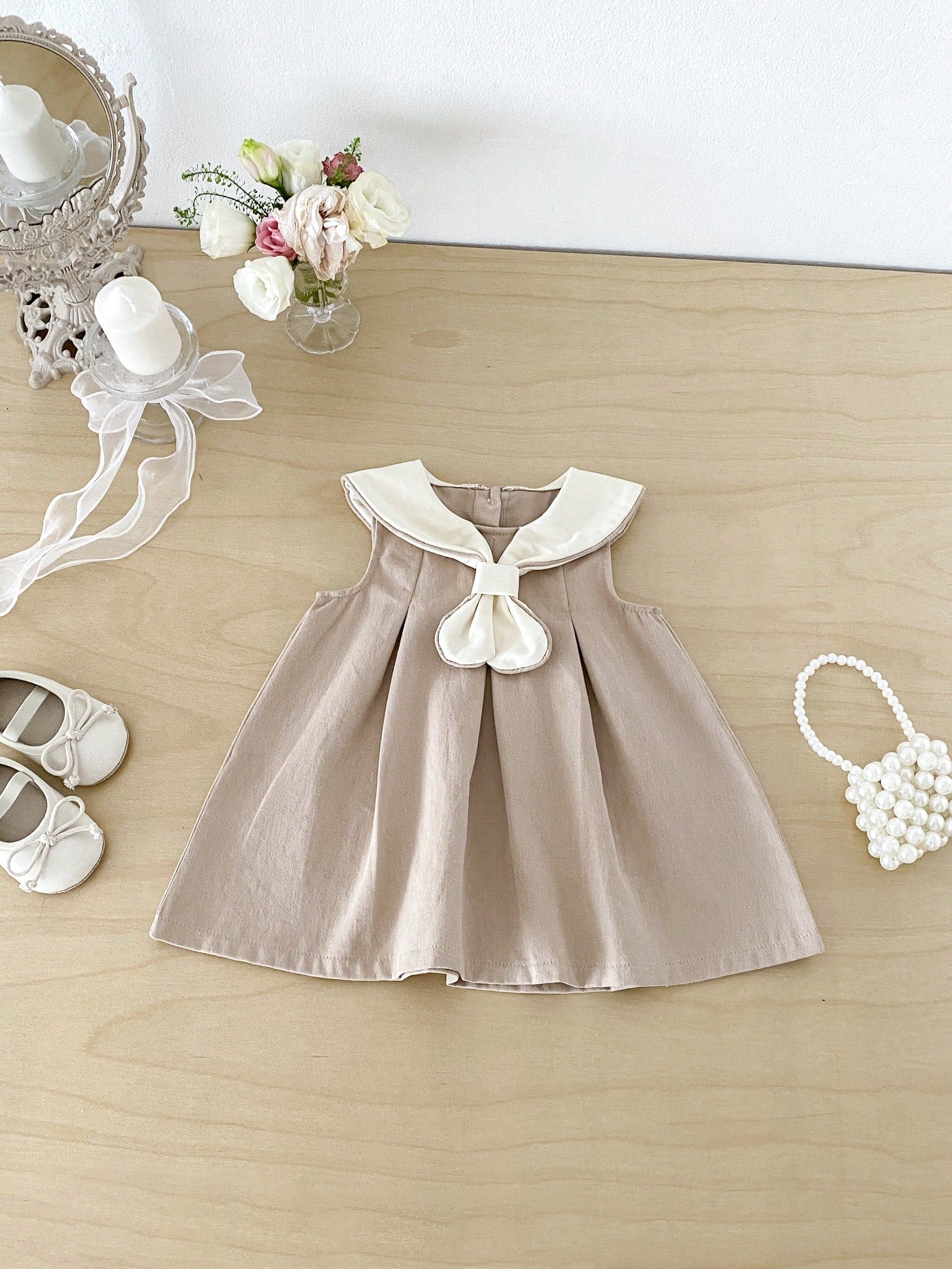 Girls Sailor Collar Bow Flared Sleeveless Dress - Griege