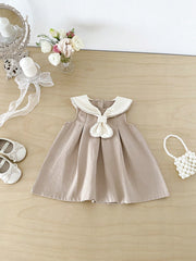 Girls Sailor Collar Bow Flared Sleeveless Dress - Griege
