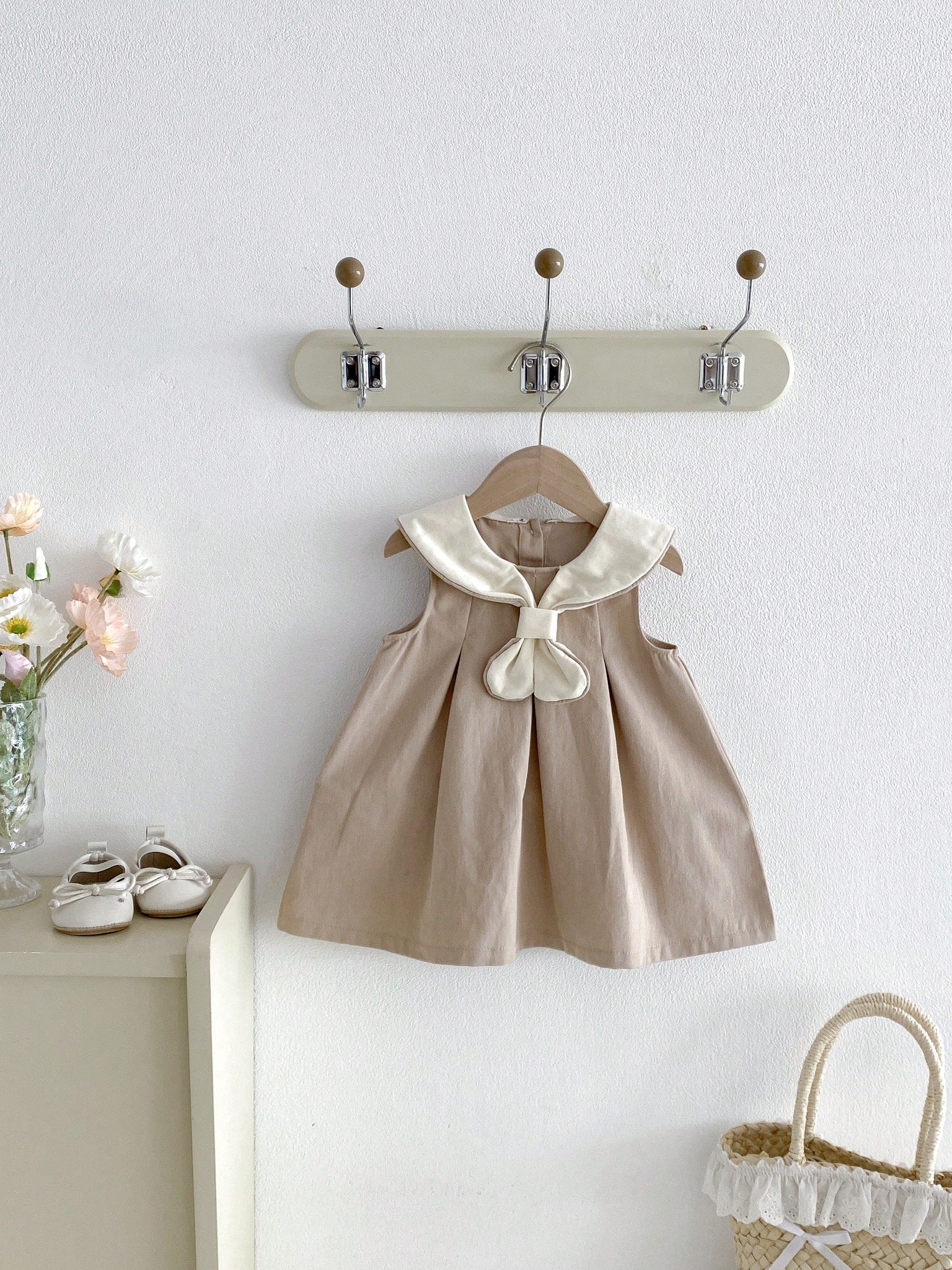 Girls Sailor Collar Bow Flared Sleeveless Dress - Griege