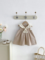 Girls Sailor Collar Bow Flared Sleeveless Dress - Griege