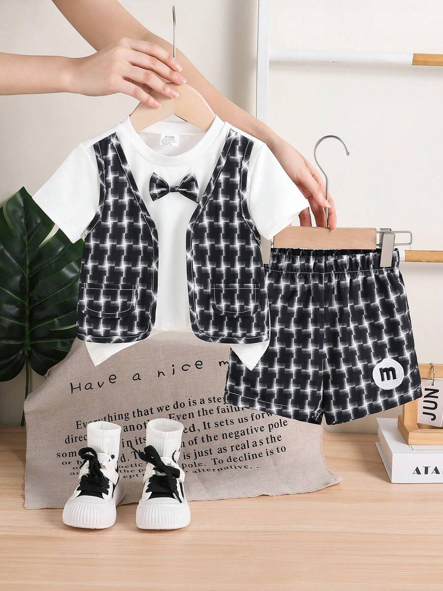 2pcs Boys Plaid Bow-Tie Tee & Shorts Set - Onyx | 21 Century Kids