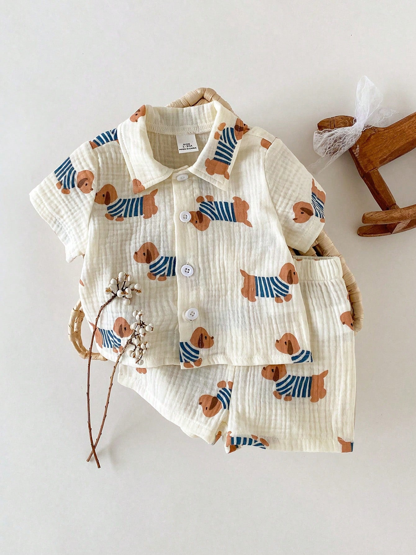 Boys Dog Print Muslin Shirt & Shorts Set - Ecru