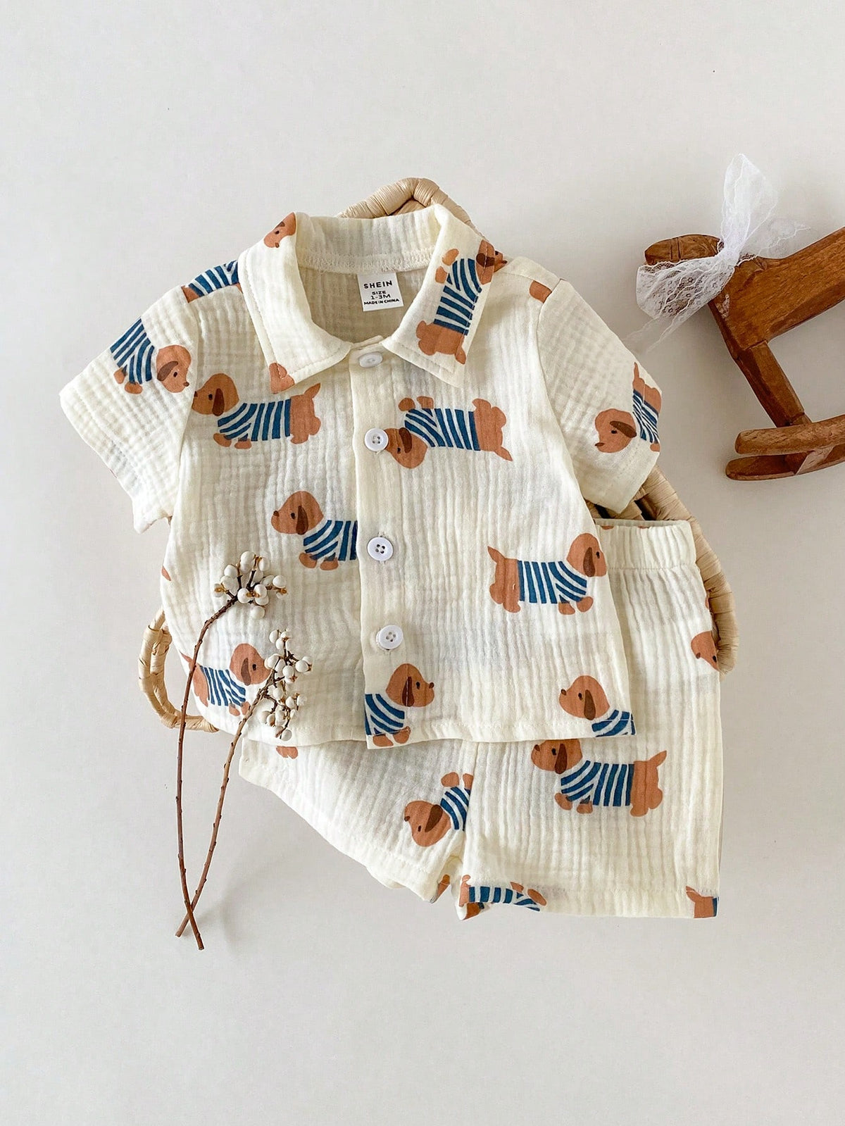 Boys Dog Print Muslin Shirt & Shorts Set - Ecru