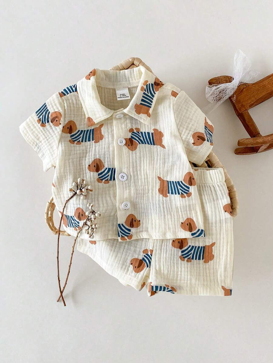 Boys Dog Print Muslin Shirt & Shorts Set - Ecru
