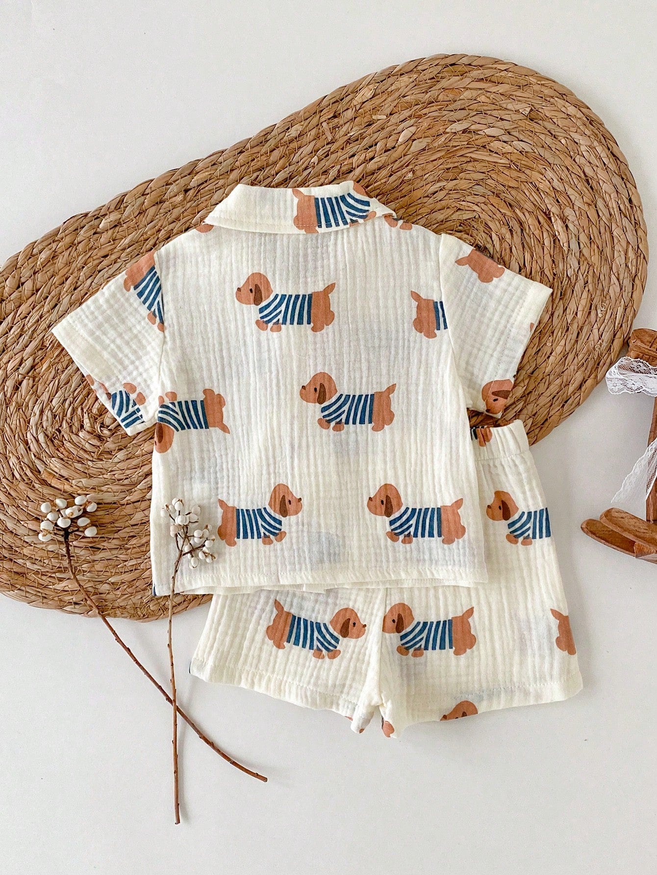 Boys Dog Print Muslin Shirt & Shorts Set - Ecru