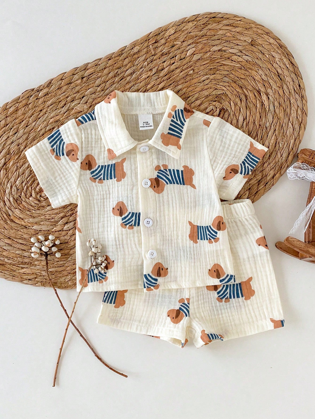 Boys Dog Print Muslin Shirt & Shorts Set - Ecru