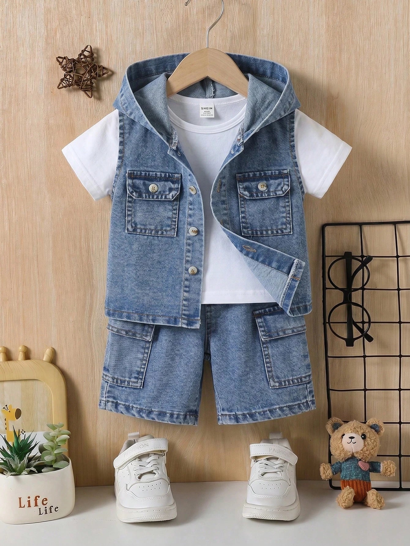 2pcs Boys Hooded Denim Vest & Cargo Shorts Set - Cerulean | 21 Cent...