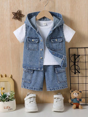 2pcs Boys Hooded Denim Vest & Cargo Shorts Set - Cerulean | 21 Cent...