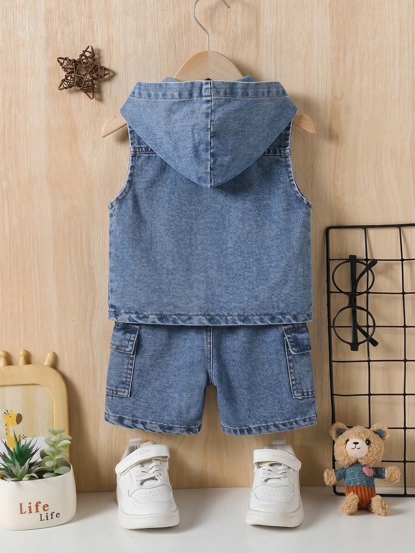 2pcs Boys Hooded Denim Vest & Cargo Shorts Set - Cerulean | 21 Cent...