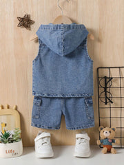 2pcs Boys Hooded Denim Vest & Cargo Shorts Set - Cerulean | 21 Cent...